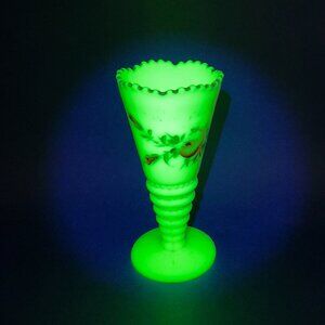 Antique Jefferson Uranium Custard Glass Ring & Beads Souvenir Trumpet Vase 1909